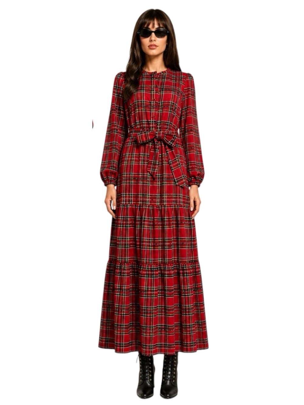 Red Plaid Tartan Size M Maxi Dress Holiday Grandmillennial Victorian Core - Picture 2 of 4